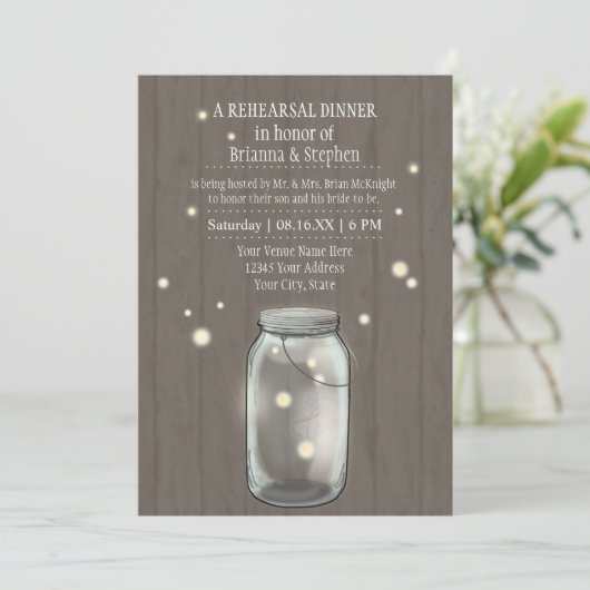 Firefly Mason Jar Rustic Country Probe Dinner Einladung (Stehend Vorderseite)