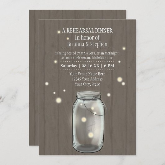 Firefly Mason Jar Rustic Country Probe Dinner Einladung (Vorne/Hinten)