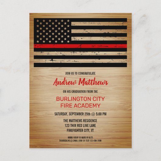 Fireman Abschluss Firefighter Thin Red Line Einladungspostkarte (Vorderseite)
