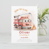 Fireman Birthday Fireruck Geburtstagspartei Einladung (Stehend Vorderseite)