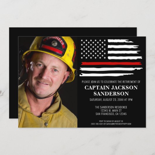 Fireman Thin Red Firefighter Foto Rentirement Einladung (Vorne/Hinten)