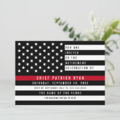 Fireman Thin Red Line American Flag Retirement Einladung (Stehend Vorderseite)