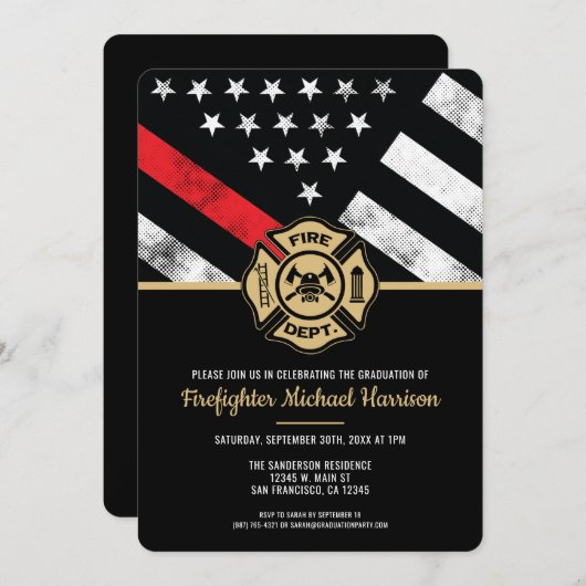 Fireman Thin Red Line Feuerwehrmann Abschluss Einladung (Vorne/Hinten)