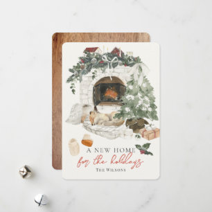 Fireplace Christmas Tree Fox Wasserfarbe Neue Zuha Feiertagskarte