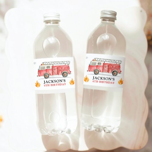 Firetruck Calling All Firefigthers Boy Birthday Wasserflaschenetikett