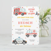 Firetruck Firefighter Kids Birthday Invitation Einladung (Stehend Vorderseite)