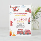 Firetruck Firefighter Kids Birthday Invitation Einladung (Stehend Vorderseite)