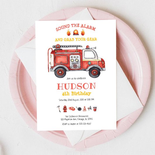 Firetruck Firefighter Kids Birthday Invitation Einladung