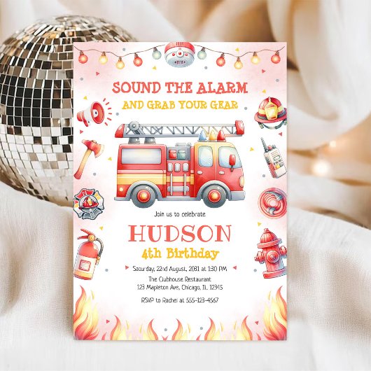 Firetruck Firefighter Kids Birthday Invitation Einladung