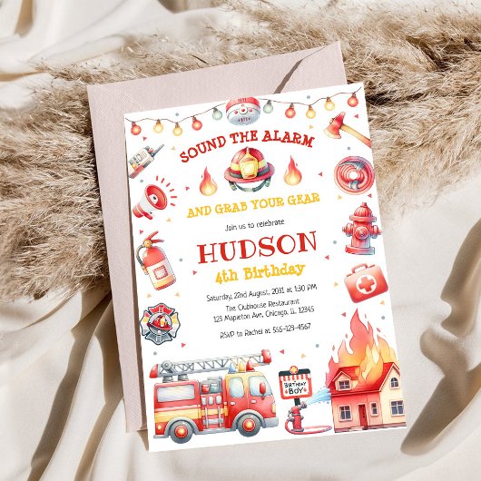 Firetruck Firefighter Kids Birthday Invitation Einladung