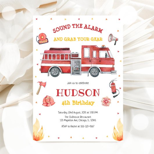 Firetruck Firefighter Kids Birthday Invitation Einladung