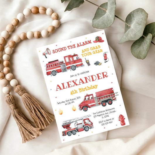 Firetruck Firefighter Kids Birthday Invitation Einladung