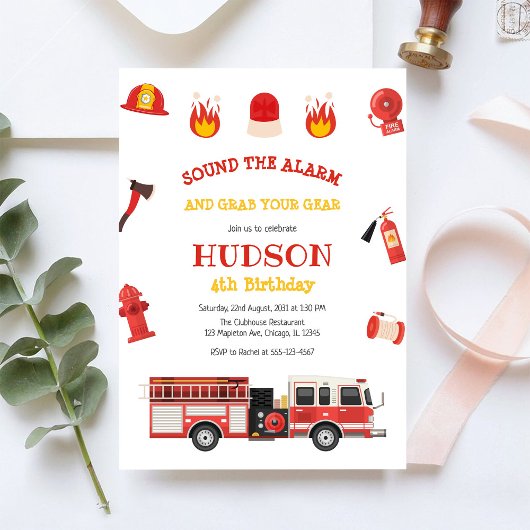 Firetruck Firefighter Kids Birthday Invitation Einladung