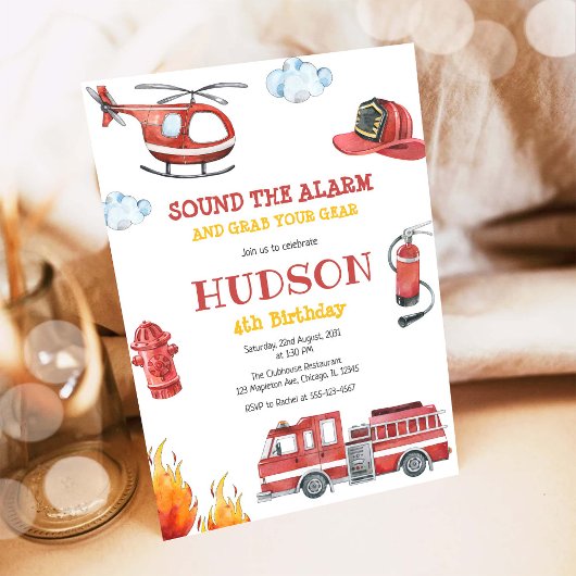 Firetruck Firefighter Kids Birthday Invitation Einladung