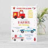 Firetruck Firefighter Kids Birthday Invitation Einladung (Stehend Vorderseite)