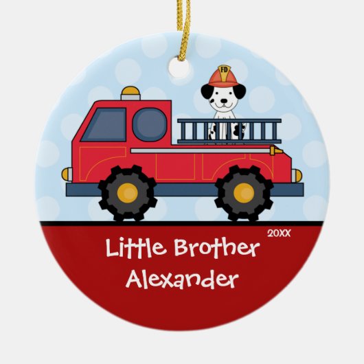 Firetruck-kleiner Bruder-Weihnachtsverzierung Keramik Ornament (Vorne)