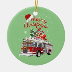 Firetruck Santa Sleigh Fireman Christmas Firefight Keramik Ornament