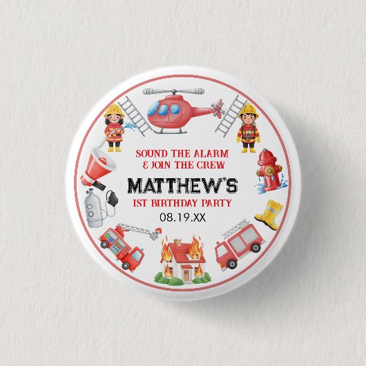 Firetrucks Boy 1st Birthday | Cute Little party Button (Vorderseite)