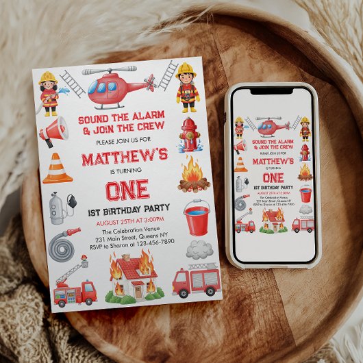 Firetrucks Boy 1st Birthday | Cute Little party Einladung