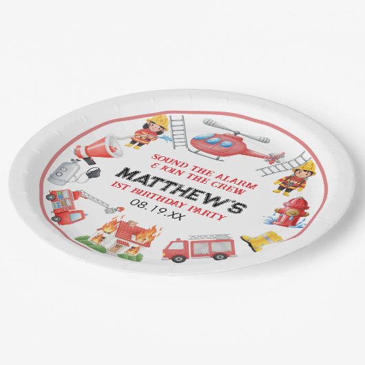 Firetrucks Boy 1st Birthday | Cute Little party Pappteller (Schrägansicht)