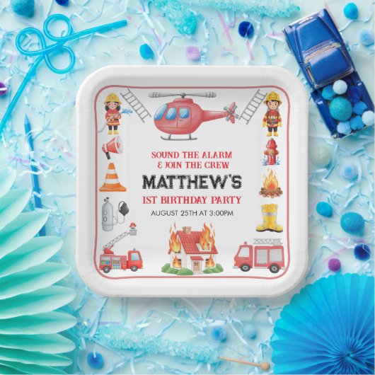 Firetrucks Boy 1st Birthday | Cute Little party Pappteller (Party)