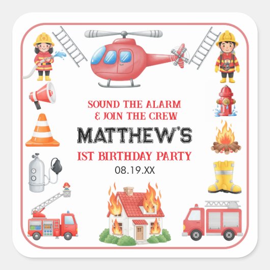 Firetrucks Boy 1st Birthday | Cute Little party Quadratischer Aufkleber (Vorderseite)