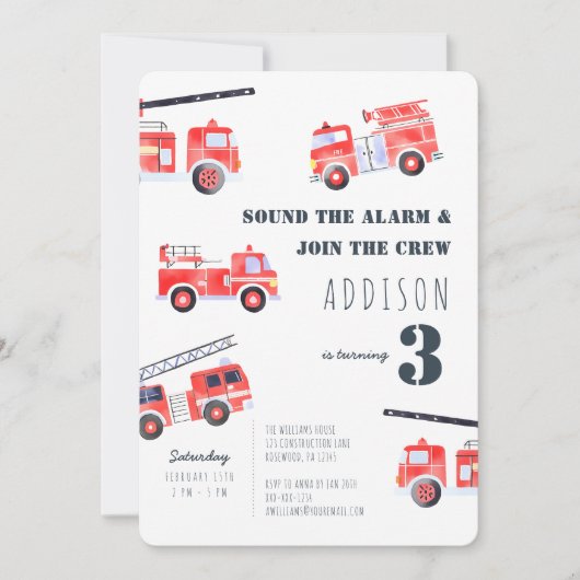 Firetrucks Boy 3. Geburtstag Einladung (Vorderseite)