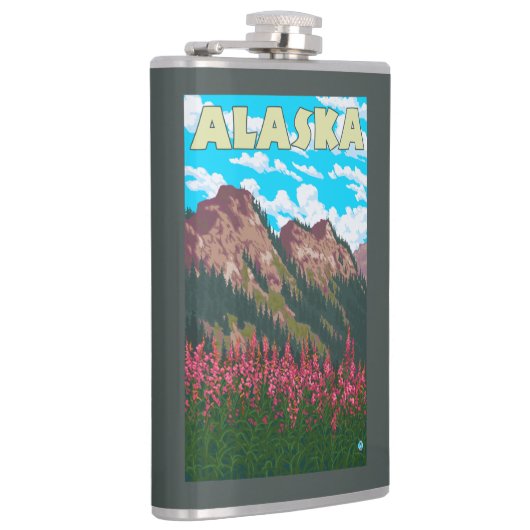 Fireweed mit GebirgsVintagem Reise-Plakat Flachmann (Rechts)