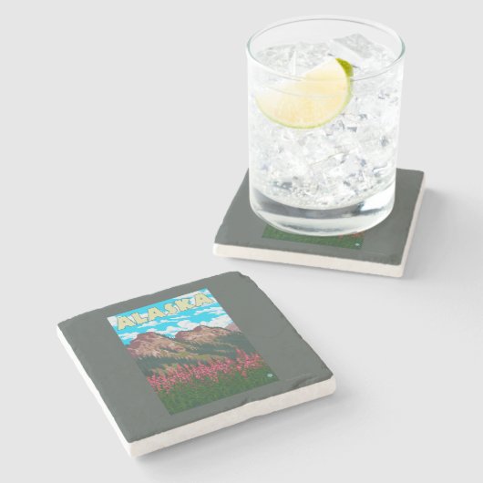 Fireweed mit GebirgsVintagem Reise-Plakat Steinuntersetzer (Seitenansicht)