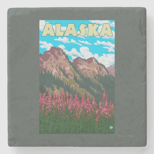 Fireweed mit GebirgsVintagem Reise-Plakat Steinuntersetzer (Vorderseite)