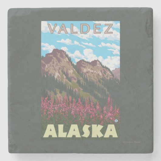 Fireweed u. Berge - Valdez, Alaska Steinuntersetzer (Vorderseite)