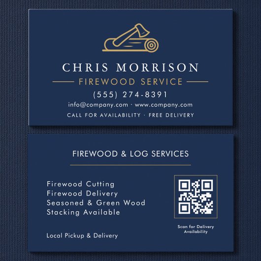 Firewood Supply Service Navy Blue Gold QR Code Visitenkarte