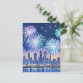 Firework Cityscape | Blue Lofi Digital Watercolor Postkarte (Stehend Vorderseite)