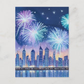 Firework Cityscape | Blue Lofi Digital Watercolor Postkarte (Vorderseite)