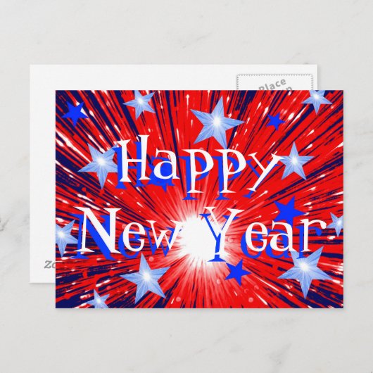 Firework Red White Blue Postkarte "Happy New Year" (Vorne/Hinten)