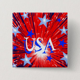 Firework Red White Blue 'USA' Button Quadrat