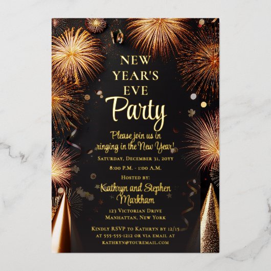 Fireworks Black Gold New Years Eve Party Folieneinladung (Vorderseite)