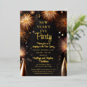 Fireworks Black Gold New Years Eve Party Folieneinladung (Stehend vorne)