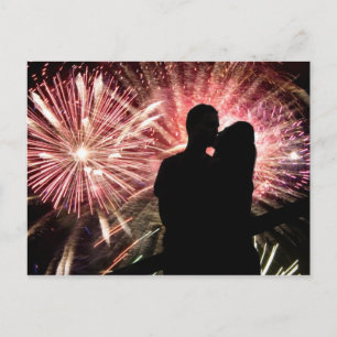 Fireworks Couple Kissing Silhouette Postkarte