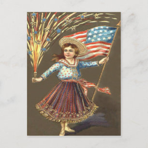 Fireworks Firecracker Girl US Flag Star Postkarte