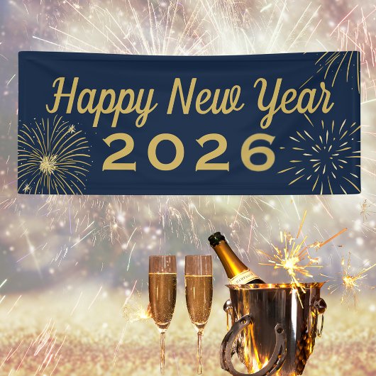 Fireworks Gold Blue 2025 Happy New Year Party Banner