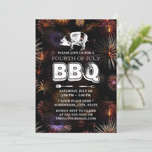 Fireworks July 4th Pig Roast GRILLEN Party Einladung (Stehend Vorderseite)