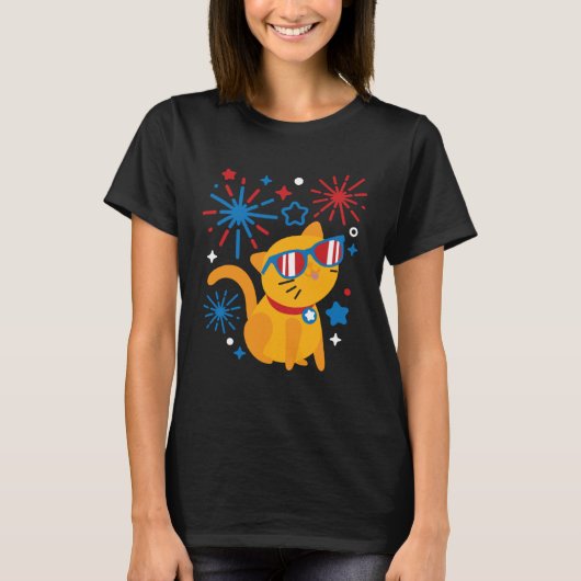 Fireworks Meowica 4th Of July USA Flag Merica Cat T-Shirt (Vorderseite)