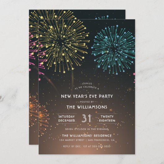 Fireworks-Party | Moderne Typografie - Neues Jahr Einladung (Vorne/Hinten)