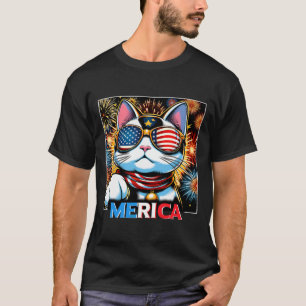 Fireworks Patriotic Maneki Neko Cat Merica T-Shirt