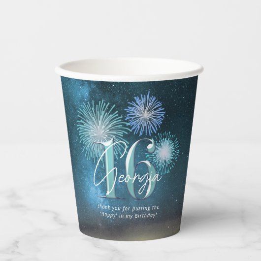 Fireworks Sweet 16 Aquamarin ID984 Pappbecher (Vorderseite)