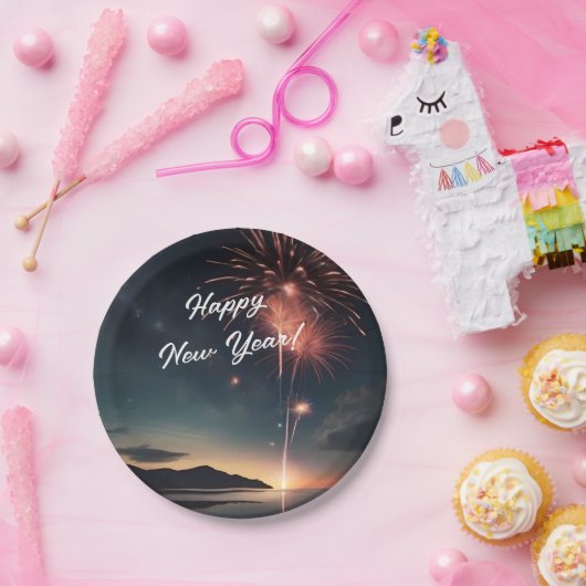 Fireworks Thema Skript Caligraphy Happy Neues Jahr Pappteller (Party)