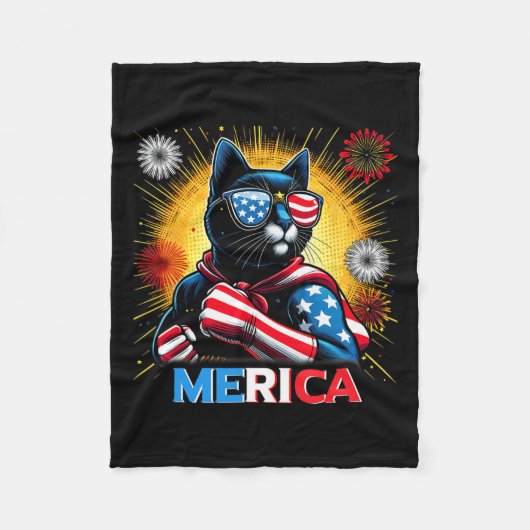 Fireworks Us Flag Patriotic Black Cat Fleecedecke (Vorderseite)