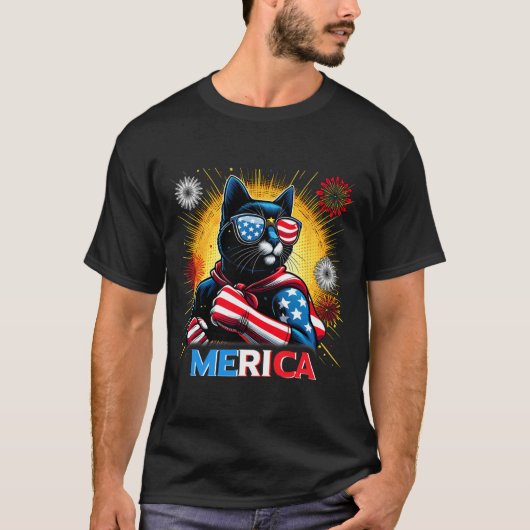 Fireworks Us Flag Patriotic Black Cat T-Shirt (Vorderseite)