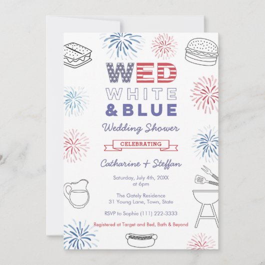 Fireworks Wed White Blue Cookout Paare Dusche Einladung (Vorderseite)